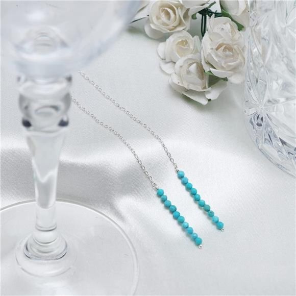 Natural Turquoise Beads Threader Earring, Gemstone Earring For Women (Turquoise) - Picture 4 of 9